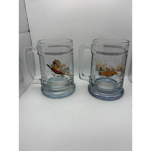 Other - Vintage Wildlife Glass Beer Mugs Set of 2 Pheasant & Mallard Duck Greek Key